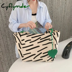 Cyflymder Women Canvas Shoulder Bag Zebra Stripes Print Ladies Casual Handbag Tote Large Capacity