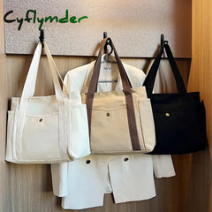 Cyflymder Women Canvas Shoulder Bags College Girl Books Handbag Cotton Cloth Fabric Commuting