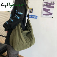 Cyflymder Women Canvas Shoulder Bags Large Capacity Thick Cotton Cloth Books Handbag Tote Solid