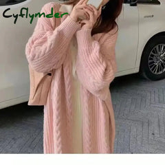 Cyflymder Women Cardigan Jacket Long Coat Solid Thickened Sweater Autumn Winter Street Wear Loose