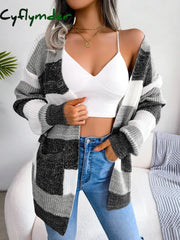Cyflymder Women Casual Long Sleeve Striped Knitted Sweater Cardigan For Autumn Winter