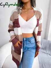 Cyflymder Women Casual Long Sleeve Striped Knitted Sweater Cardigan For Autumn Winter