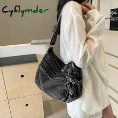Cyflymder Women Casual Satchel Bag Large Capacity Denim Vintage Messenger Bag Adjustable Strap Daily Tote Bag