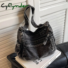 Cyflymder Women Casual Satchel Bag Large Capacity Denim Vintage Messenger Bag Adjustable Strap Daily Tote Bag