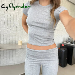 Cyflymder Women Casual Slim Fit 2 Piece Set Short Sleeve Crop Tops + Pants Elegant Matching Suit