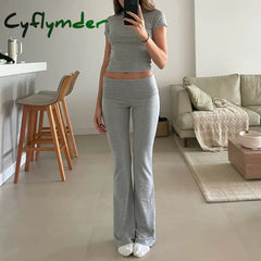 Cyflymder Women Casual Slim Fit 2 Piece Set Short Sleeve Crop Tops + Pants Elegant Matching Suit