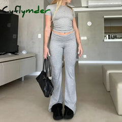 Cyflymder Women Casual Slim Fit 2 Piece Set Short Sleeve Crop Tops + Pants Elegant Matching Suit