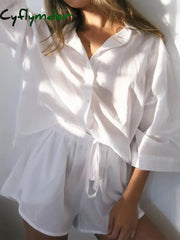 Cyflymder Women Casual Two Piece Outfits Short Sleeve Button Down Oversized Shirts And Drawstring