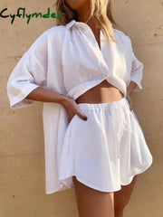 Cyflymder Women Casual Two Piece Outfits Short Sleeve Button Down Oversized Shirts And Drawstring