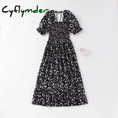 Cyflymder Women Chiffon Dresses Pleated Beach Holiday Short Sleeve Square Collar Casual Dress Woman