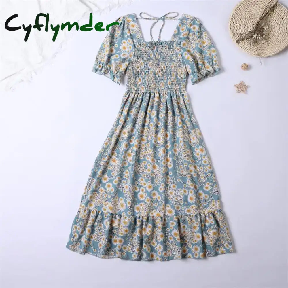 Cyflymder Women Chiffon Dresses Pleated Beach Holiday Short Sleeve Square Collar Casual Dress Woman