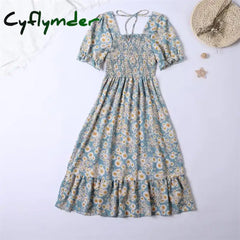 Cyflymder Women Chiffon Dresses Pleated Beach Holiday Short Sleeve Square Collar Casual Dress Woman
