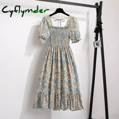 Cyflymder Women Chiffon Dresses Pleated Beach Holiday Short Sleeve Square Collar Casual Dress Woman