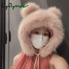 Cyflymder Women Cute Bear Ear Kawaii Fox Fur Hat Imitation Mink Plush Winter Warm Thickened Japanese Bomber Hat Ear