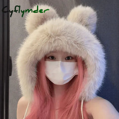 Cyflymder Women Cute Bear Ear Kawaii Fox Fur Hat Imitation Mink Plush Winter Warm Thickened Japanese Bomber Hat Ear