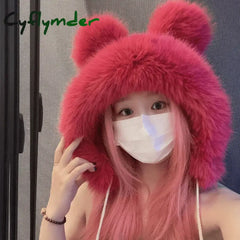 Cyflymder Women Cute Bear Ear Kawaii Fox Fur Hat Imitation Mink Plush Winter Warm Thickened Japanese Bomber Hat Ear