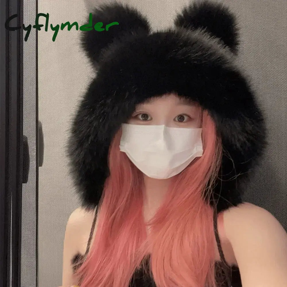 Cyflymder Women Cute Bear Ear Kawaii Fox Fur Hat Imitation Mink Plush Winter Warm Thickened Japanese Bomber Hat Ear