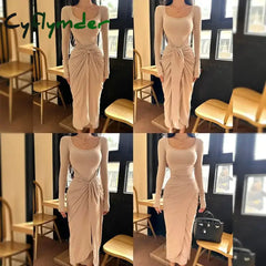 Cyflymder Women Dress French Simple Light Luxury High-end Square Neckline Long Sleeve Strap Design Hip-covering Long