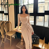 Cyflymder Women Dress French Simple Light Luxury High-end Square Neckline Long Sleeve Strap Design Hip-covering Long