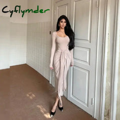 Cyflymder Women Dress French Simple Light Luxury High-end Square Neckline Long Sleeve Strap Design Hip-covering Long