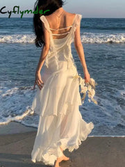 Women Elegant Backless Sexy Slip Dresses Summer New Fashion Asymmetrical Ruffles Holiday Beach Party Club Split Long Dress Cyflymder