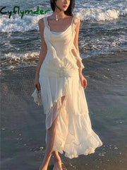 Women Elegant Backless Sexy Slip Dresses Summer New Fashion Asymmetrical Ruffles Holiday Beach Party Club Split Long Dress Cyflymder