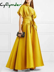 Cyflymder Women Elegant Plain Short Sleeve Waist Formal Maxi Party Dress Fashion Loose Boho Sexy