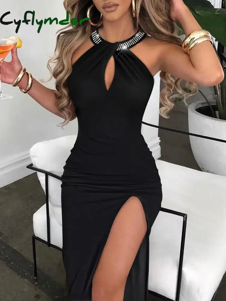 Cyflymder Women Elegant Spring High Split Party Dress 2025 Office Lady V Neck Slim Mid Dress Femme Sleeveless Summer