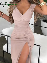 Cyflymder Women Elegant Spring High Split Party Dress 2025 Office Lady V Neck Slim Mid Dress Femme Sleeveless Summer