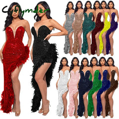 Cyflymder Women Evening Dresses Asymmetrical Shiny Sequins Feather Cocktail Party Dress Sexy Strapless Long Formal Prom