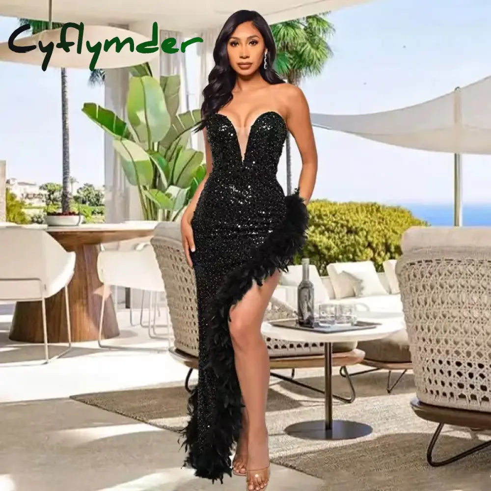 Cyflymder Women Evening Dresses Asymmetrical Shiny Sequins Feather Cocktail Party Dress Sexy Strapless Long Formal Prom