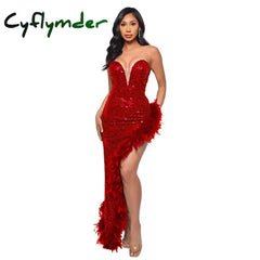 Cyflymder Women Evening Dresses Asymmetrical Shiny Sequins Feather Cocktail Party Dress Sexy Strapless Long Formal Prom