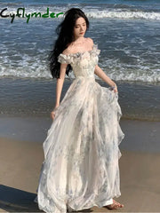 Women Fashion Bohemian Print Long Dresses France Elegant Ruffles Strap Beach Holiday Vestidos Korean One Piece A-Line Robe