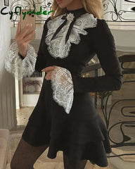 Cyflymder Women Fashion Elegant Sexy Long Sleeve Lace Bell Ruffle Dress Ol Classic Romantic