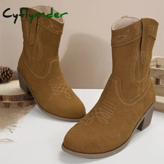 Cyflymder Women Fashion Embroider Ankle Boots Women’s Retro Faux Suede Thick Heel Short Boots Woman High Heels Western