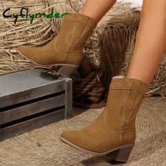 Cyflymder Women Fashion Embroider Ankle Boots Women’s Retro Faux Suede Thick Heel Short Boots Woman High Heels Western