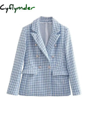 Cyflymder Women Fashion Houndstooth Double Breasted Tweed Blazer Coat Vintage Long Sleeve Flap
