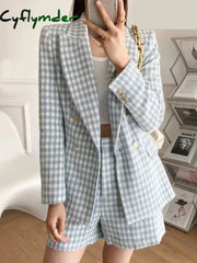 Cyflymder Women Fashion Houndstooth Double Breasted Tweed Blazer Coat Vintage Long Sleeve Flap