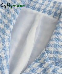 Cyflymder Women Fashion Houndstooth Double Breasted Tweed Blazer Coat Vintage Long Sleeve Flap