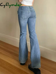Cyflymder Women Flared Jeans Mid Waist Denim Pant Vintage Stretch 90S Streetwear Y2K Boot Cut