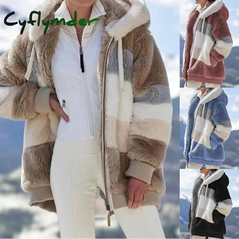 Cyflymder Women Fleece Hooded Coat Jacket Fashion Faux Fur Zip Up Outwear Elegant Warm Thick Plush