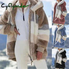 Cyflymder Women Fleece Hooded Coat Jacket Fashion Faux Fur Zip Up Outwear Elegant Warm Thick Plush