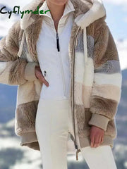 Cyflymder Women Fleece Hooded Coat Jacket Fashion Faux Fur Zip Up Outwear Elegant Warm Thick Plush