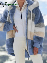 Cyflymder Women Fleece Hooded Coat Jacket Fashion Faux Fur Zip Up Outwear Elegant Warm Thick Plush