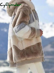 Cyflymder Women Fleece Hooded Coat Jacket Fashion Faux Fur Zip Up Outwear Elegant Warm Thick Plush