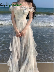 Cyflymder Women French Print Ruffles Slip Long Dresses Summer Vintage Bohemian Elegant Lady Off Shoulder Evening Party