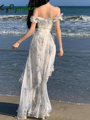 Cyflymder Women French Print Ruffles Slip Long Dresses Summer Vintage Bohemian Elegant Lady Off Shoulder Evening Party