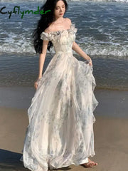 Cyflymder Women French Print Ruffles Slip Long Dresses Summer Vintage Bohemian Elegant Lady Off Shoulder Evening Party