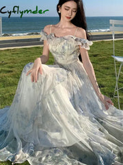 Cyflymder Women French Print Ruffles Slip Long Dresses Summer Vintage Bohemian Elegant Lady Off Shoulder Evening Party