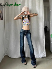 Cyflymder Women Gyaru Japanese Harajuku Trashy Y2K Jeans Low Rise Flare Denim Pants 2000s Bell-Bottom Long Trousers